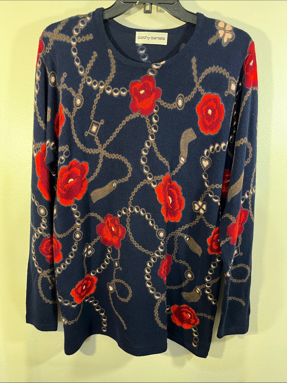 Cathy Daniels Navy Crewneck Sweater with Red Floral & Gold Chain Print